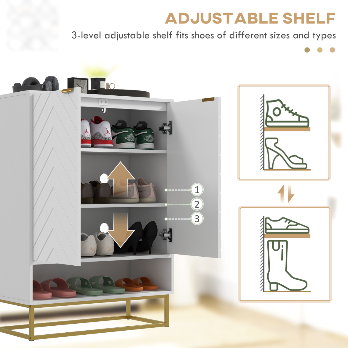 HOMCOM Shoe Cabinet with 2 Chevron Doors, Adjustable Shelf, Holds 12 Pairs, White and Gold Tone