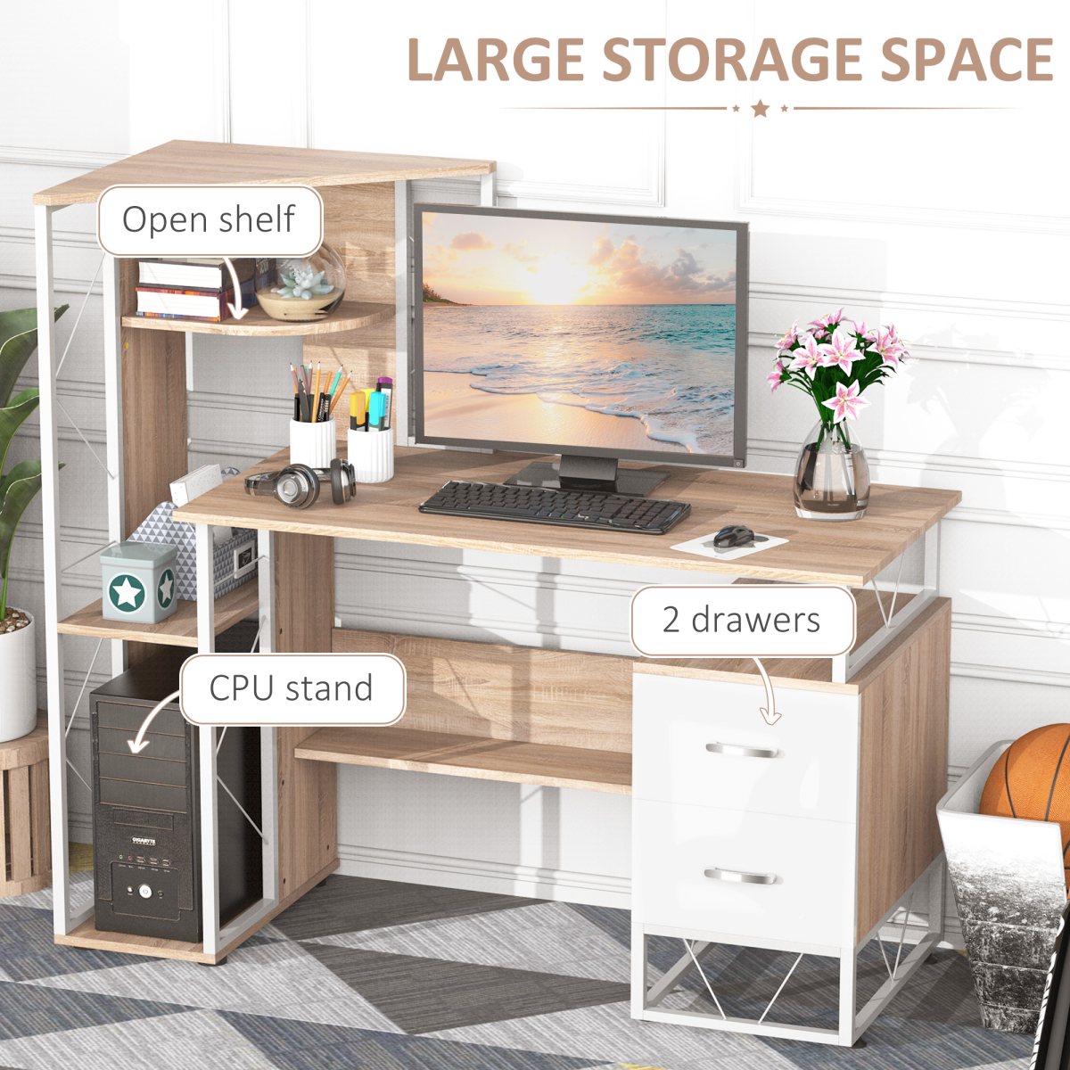 HOMCOM Workstation Computer Writing Desk with 2 Drawers and Multi-Shelves, Oak/White