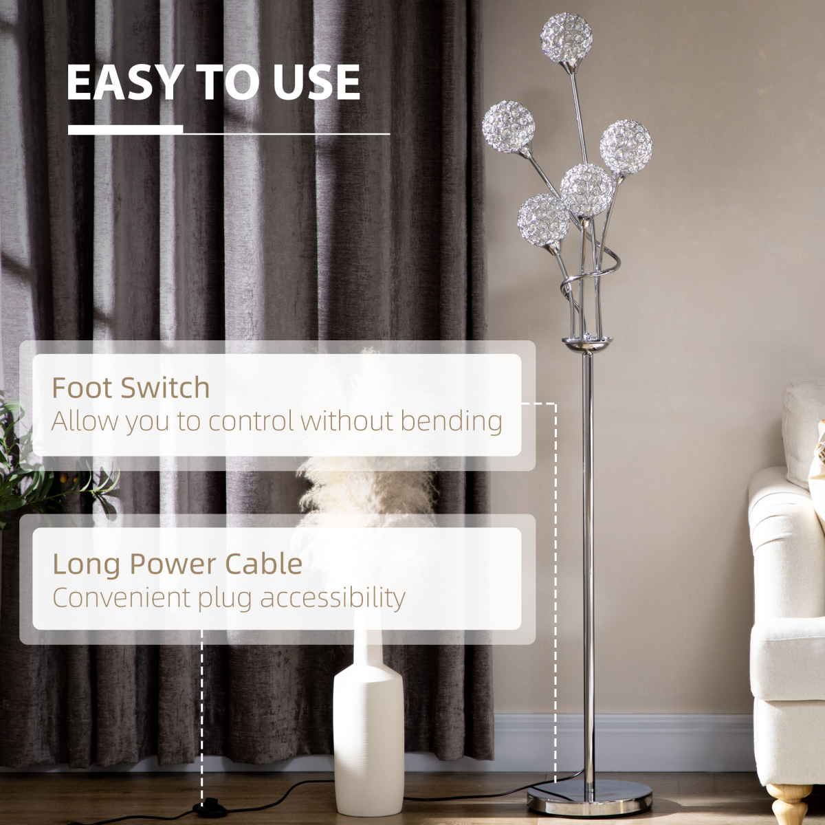 HOMCOM Crystal Floor Lamp, 5-Light Upright Standing Lamp, Silver