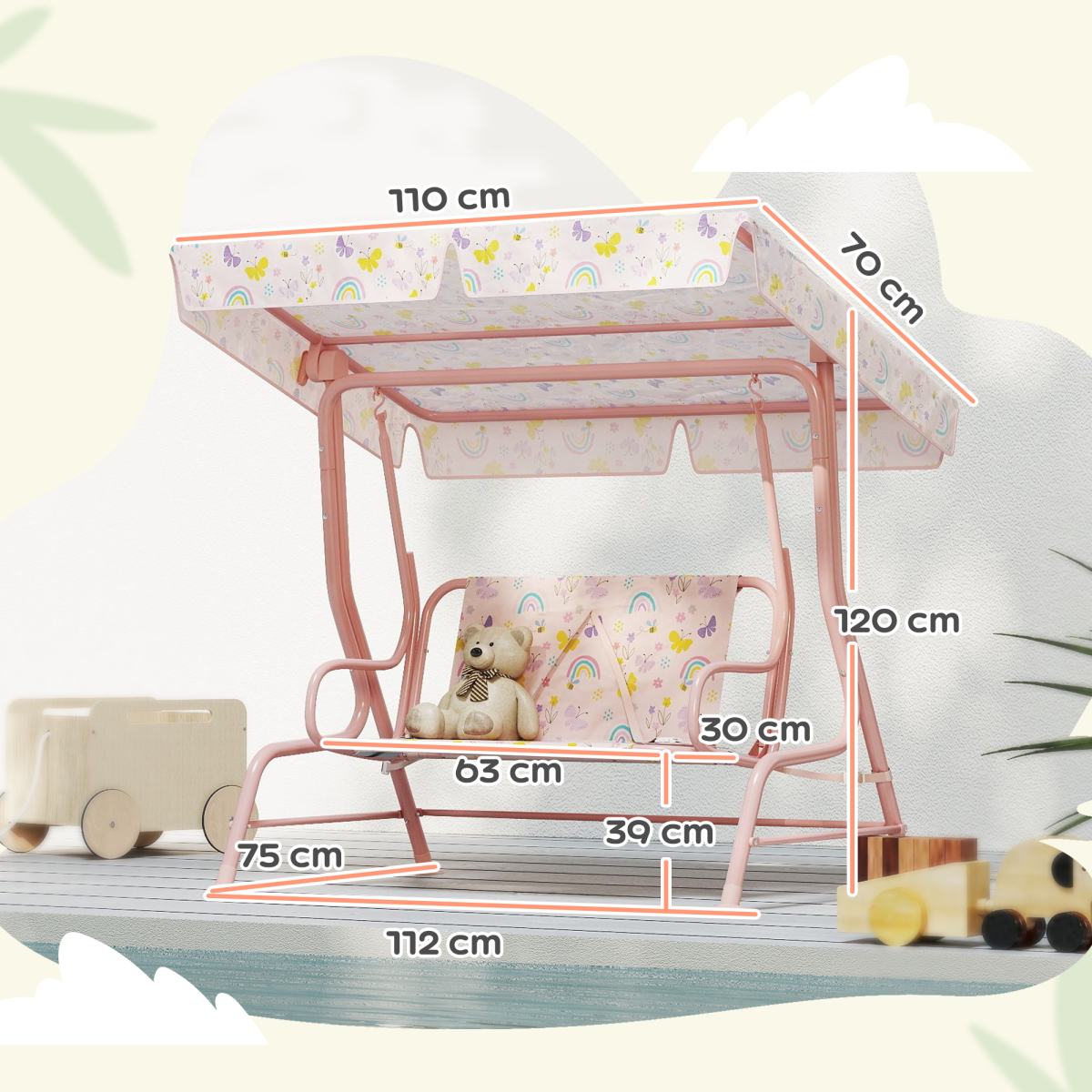 AIYAPLAY Rainbow Canopy Swing Seat for Kids 3-6 Years, Adjustable Canopy, Safety Belts, Outdoor Play Swing