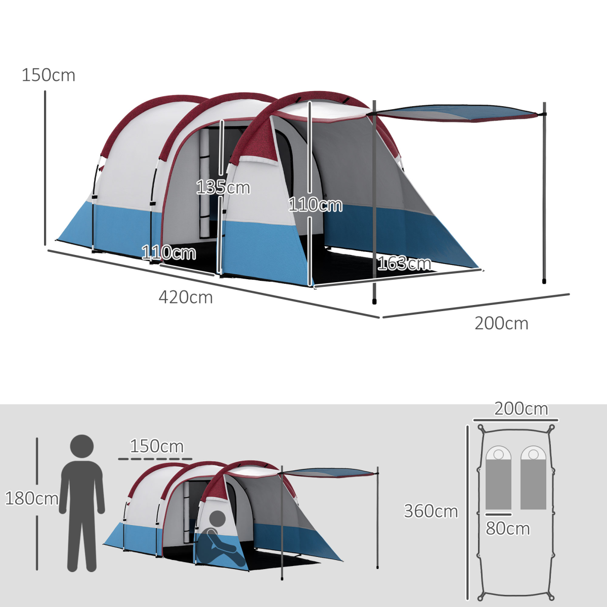 Outsunny 3-Person Camping Tunnel Tent with Bedroom and Living Room, Red