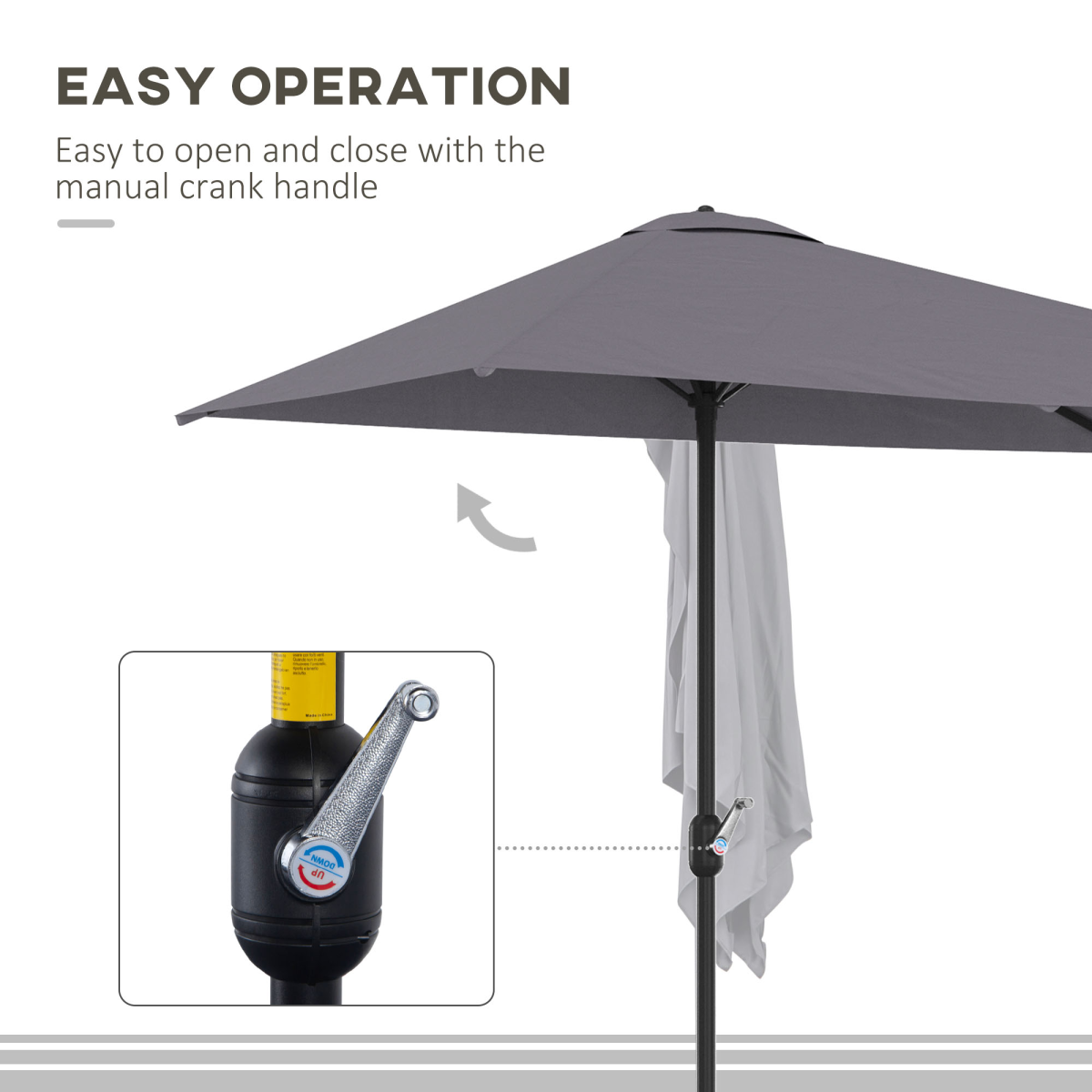 Outsunny Half Round Parasol Umbrella with Crank, 2.3m, Grey, No Base Included