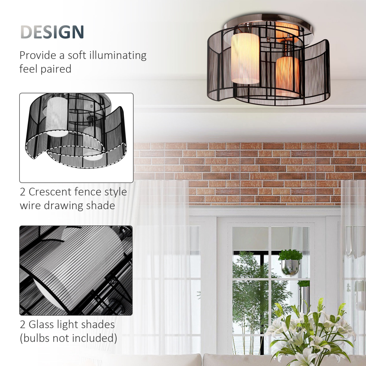 HOMCOM Chandelier, 40 x 25 cm, Chrome/Black Fabric, 2-Light Flush Mount, E27