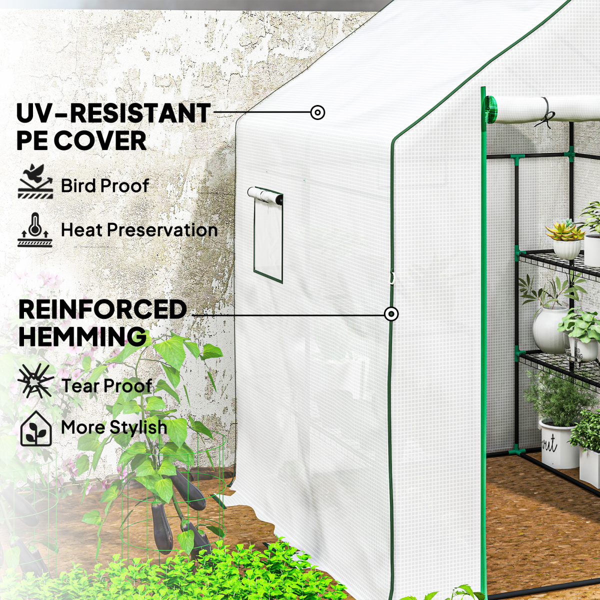 Outsunny Walk-In Greenhouse with 8 Shelves, White