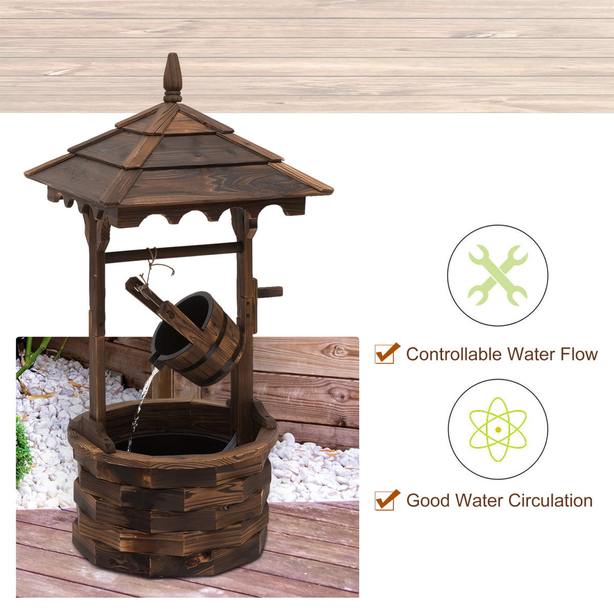 Outsunny Fir Wood Outdoor Wishing Well Garden Fountain with Pump