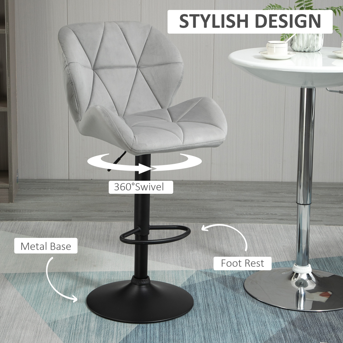 Set of 2 Adjustable Height Fabric Bar Stools, Light Grey
