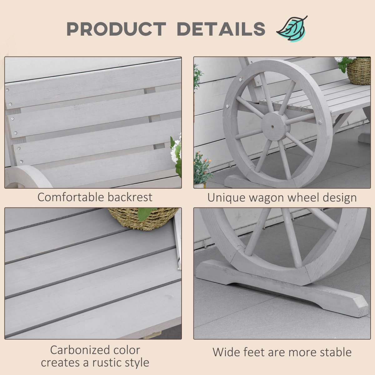 Outsunny 2-Seater Solid Fir Wood Garden Bench with Wagon Wheel Armrests, High Back, Grey
