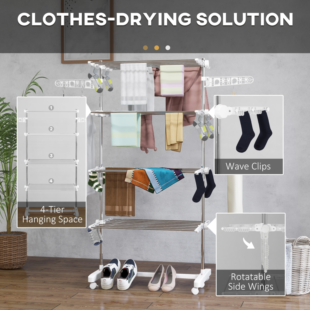 HOMCOM 4-Layer Folding Clothes Hanger Stand with Wheels, Adjustable Height, Foldable Indoor Clothes Rack