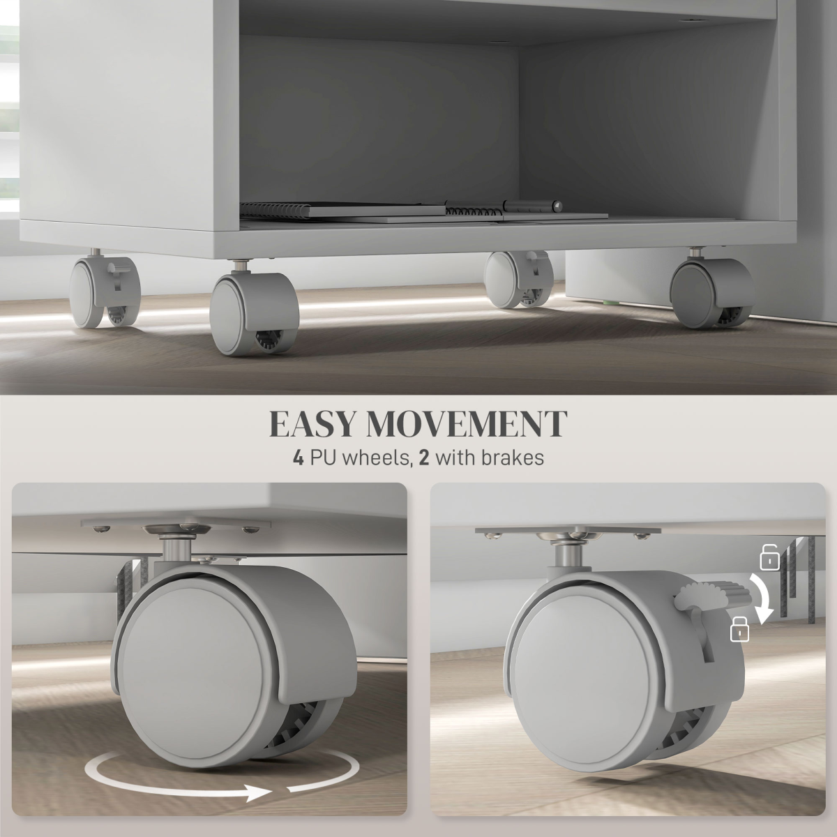 HOMCOM White Printer Stand with Storage and Wheels for Home Office