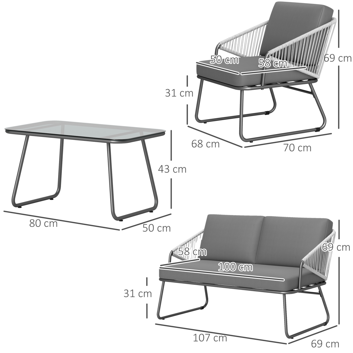 Outsunny 4-Piece Grey Rattan Garden Furniture Set with Cushions