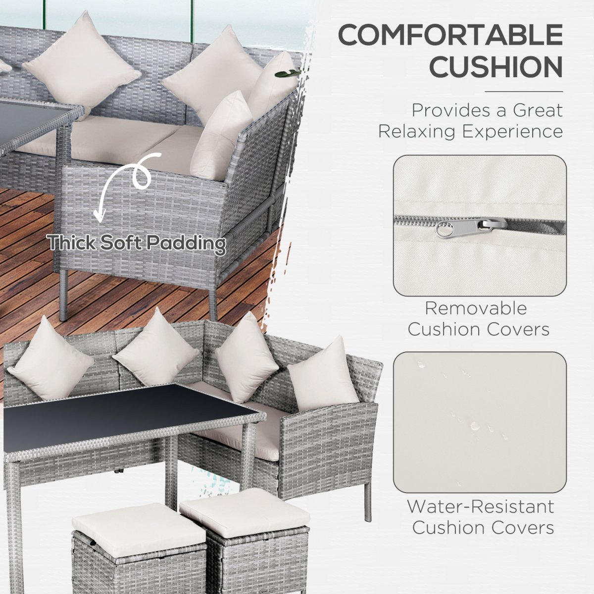 Outsunny 5-Piece Rattan Wicker Outdoor Patio Dining and Lounge Set with Table, Stools and Chaise Lounges