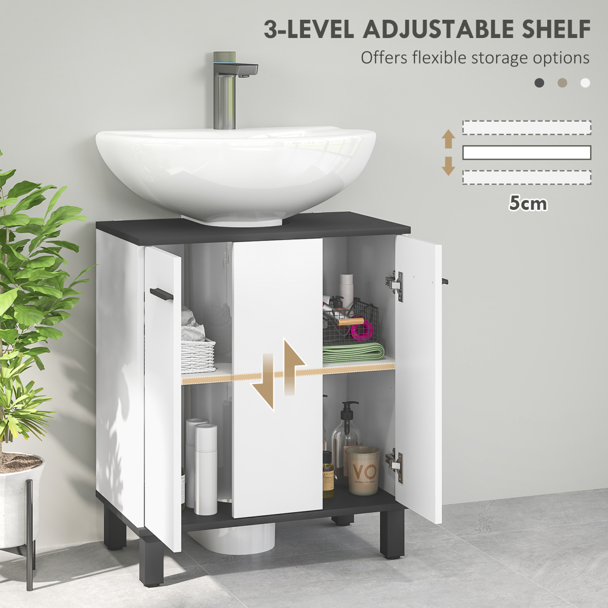 HOMCOM Bathroom Under Sink Cabinet, Adjustable Shelf, High Gloss White