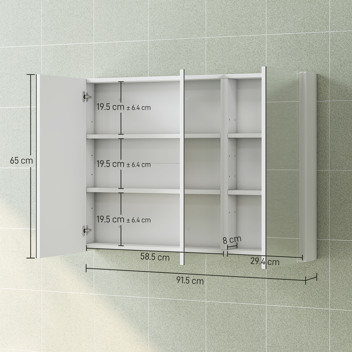 HOMCOM Bathroom Mirror Cabinet, 3 Doors, 6 Shelves, White