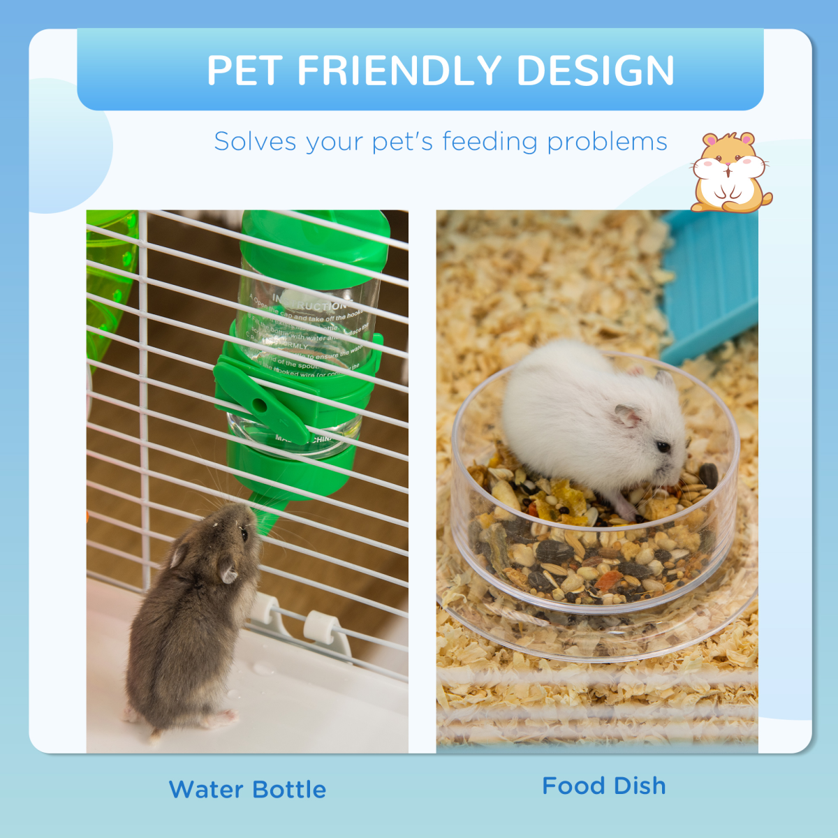 Hamster Cage Rodents House w/ Tubes Exercise Wheel, Water Bottle - Blue