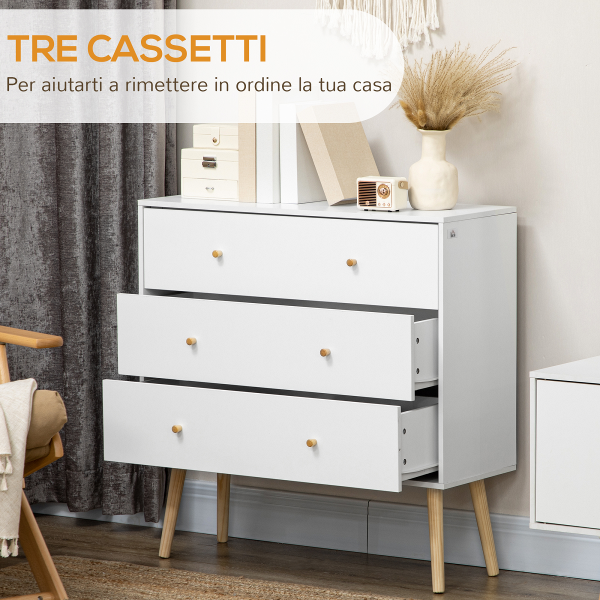 White 3-Drawer Chest of Drawers with Wood Legs