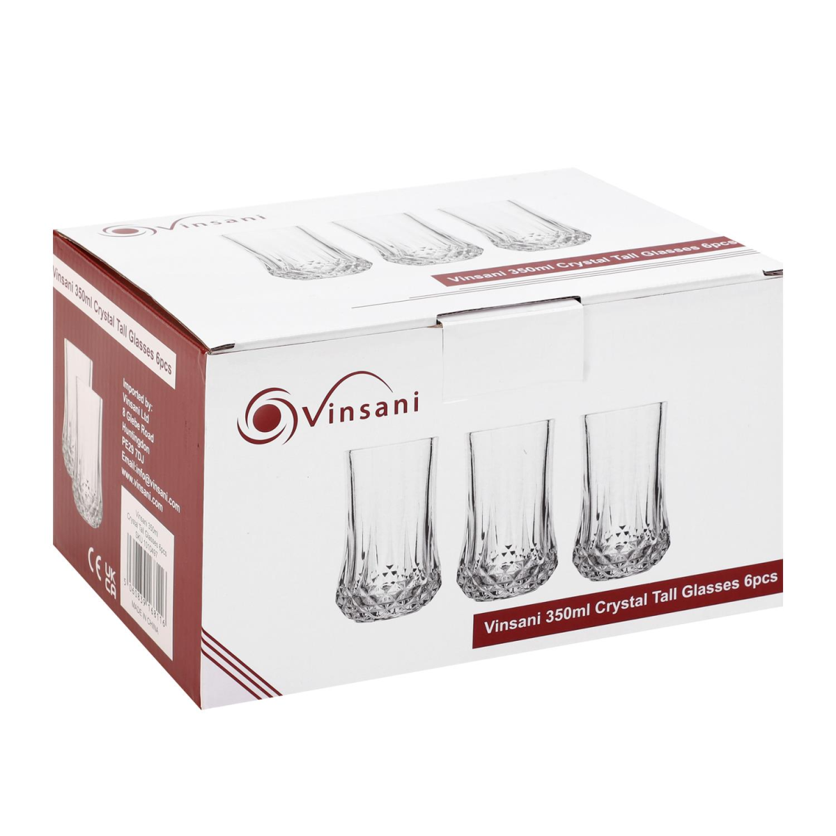 Vinsani 350ml Crystal-Cut Tall Glasses 6 Pack, Dishwasher Safe, BPA Free, Toughened Soda-Lime Glass