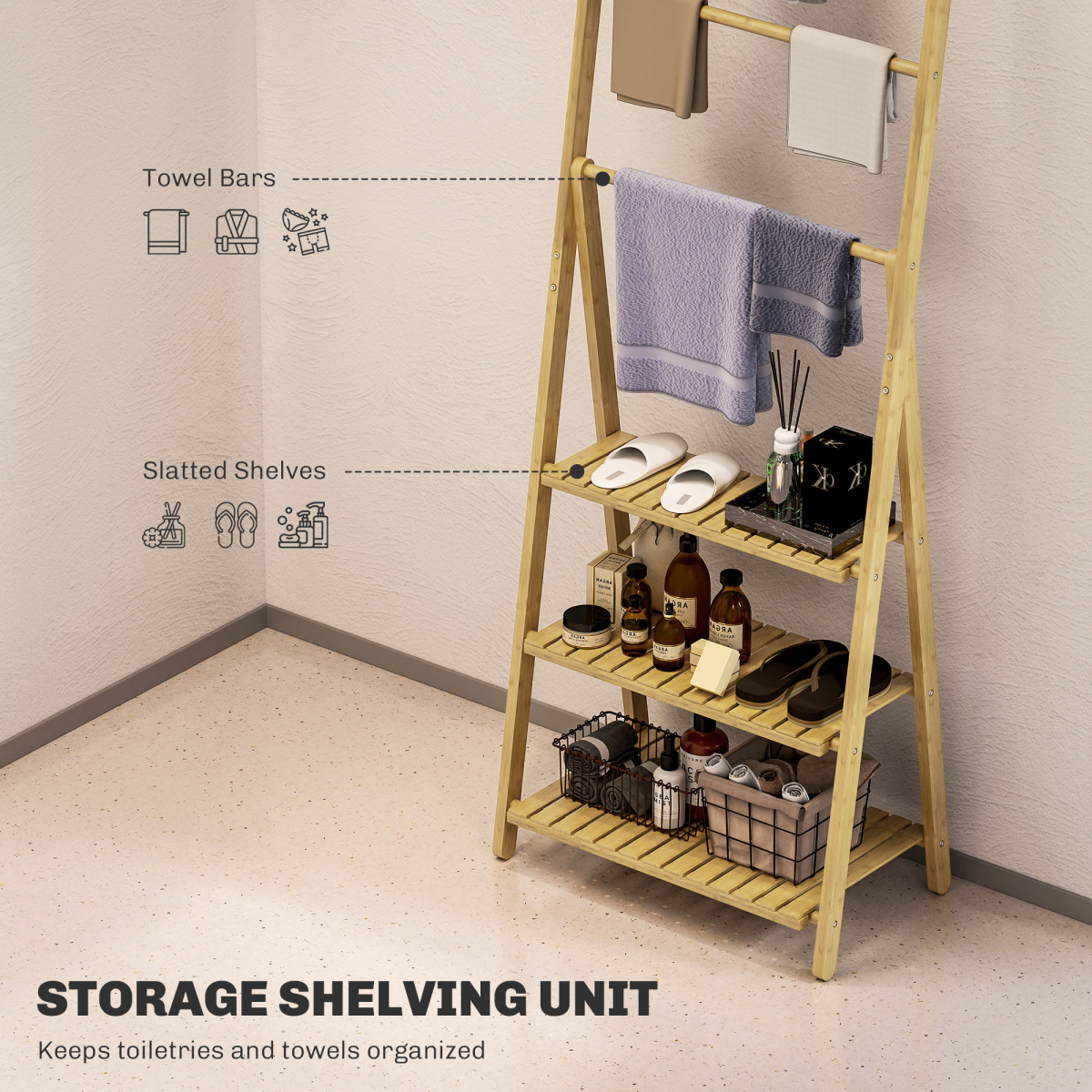 HOMCOM 3-Tier Folding Bamboo Bathroom Shelf with Towel Bars