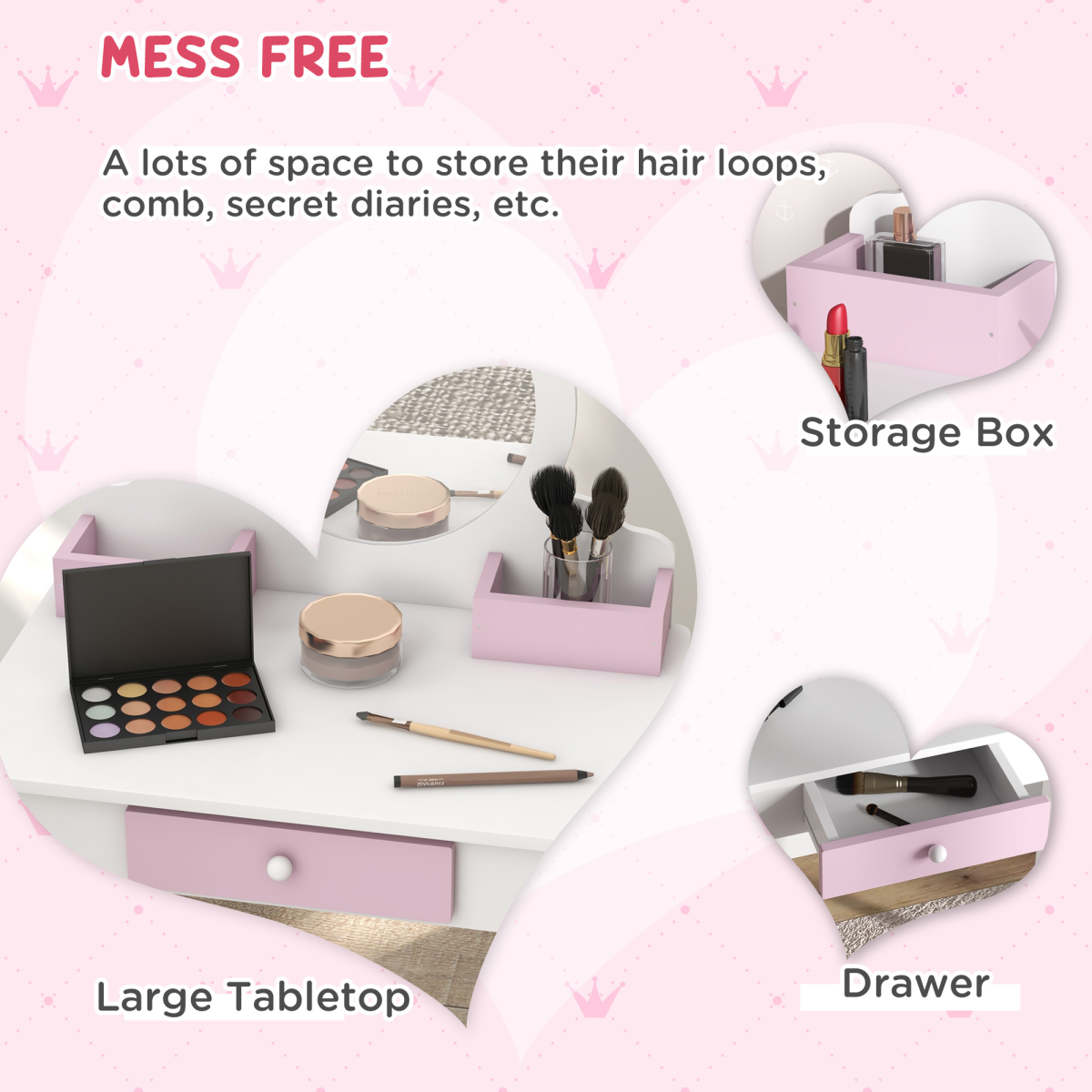 ZONEKIZ Kids Dressing Table Set with Mirror, Stool and Drawer, Unicorn Design, White and Pink