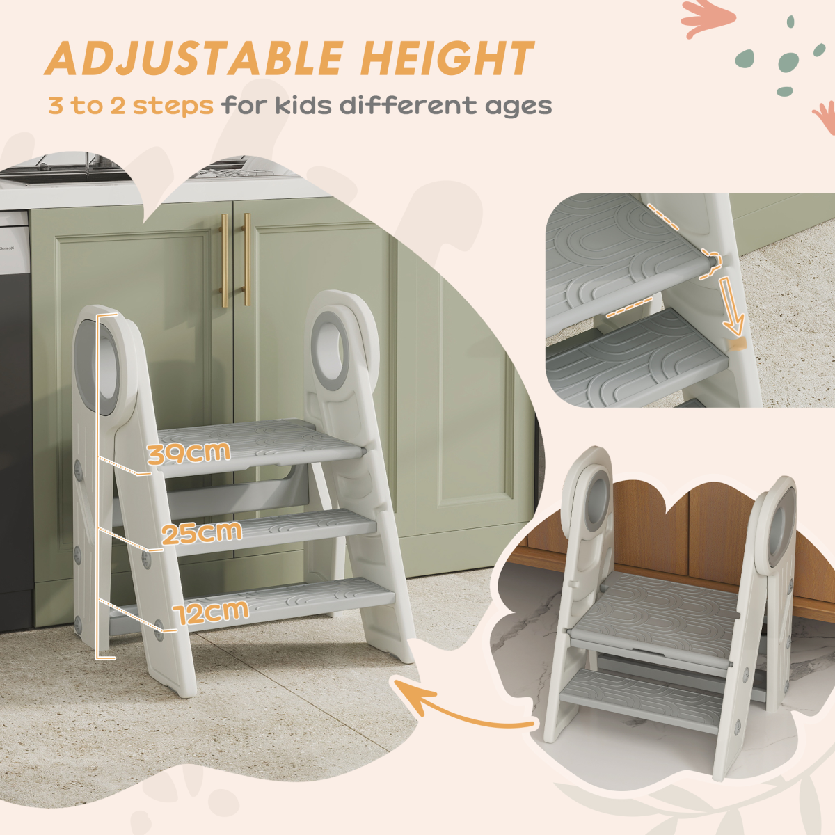AIYAPLAY Foldable Adjustable Toddler Tower with Handle, Non-Slip, Grey