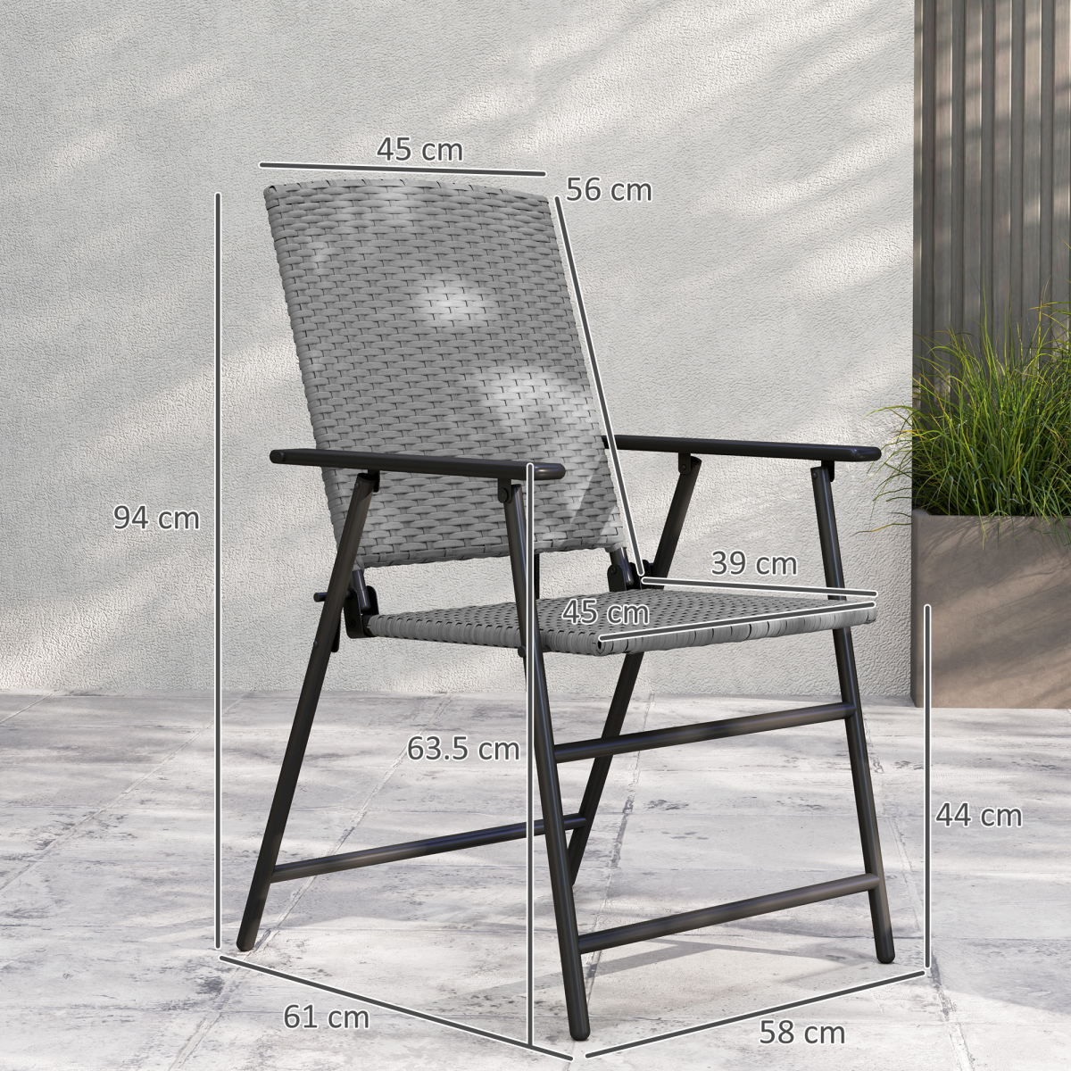 Outsunny 2-Piece Foldable Rattan Garden Chairs with Armrests, Grey