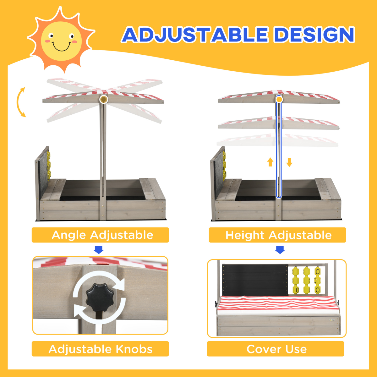 Outsunny Kids Wooden Sandpit with Canopy & Seats for Garden