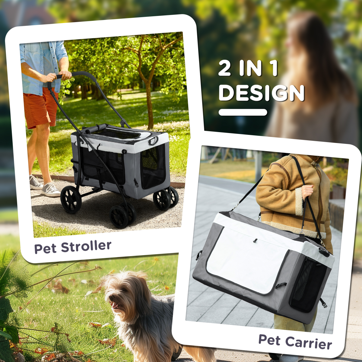 PawHut Foldable Pet Stroller with Detachable Carrier, Grey