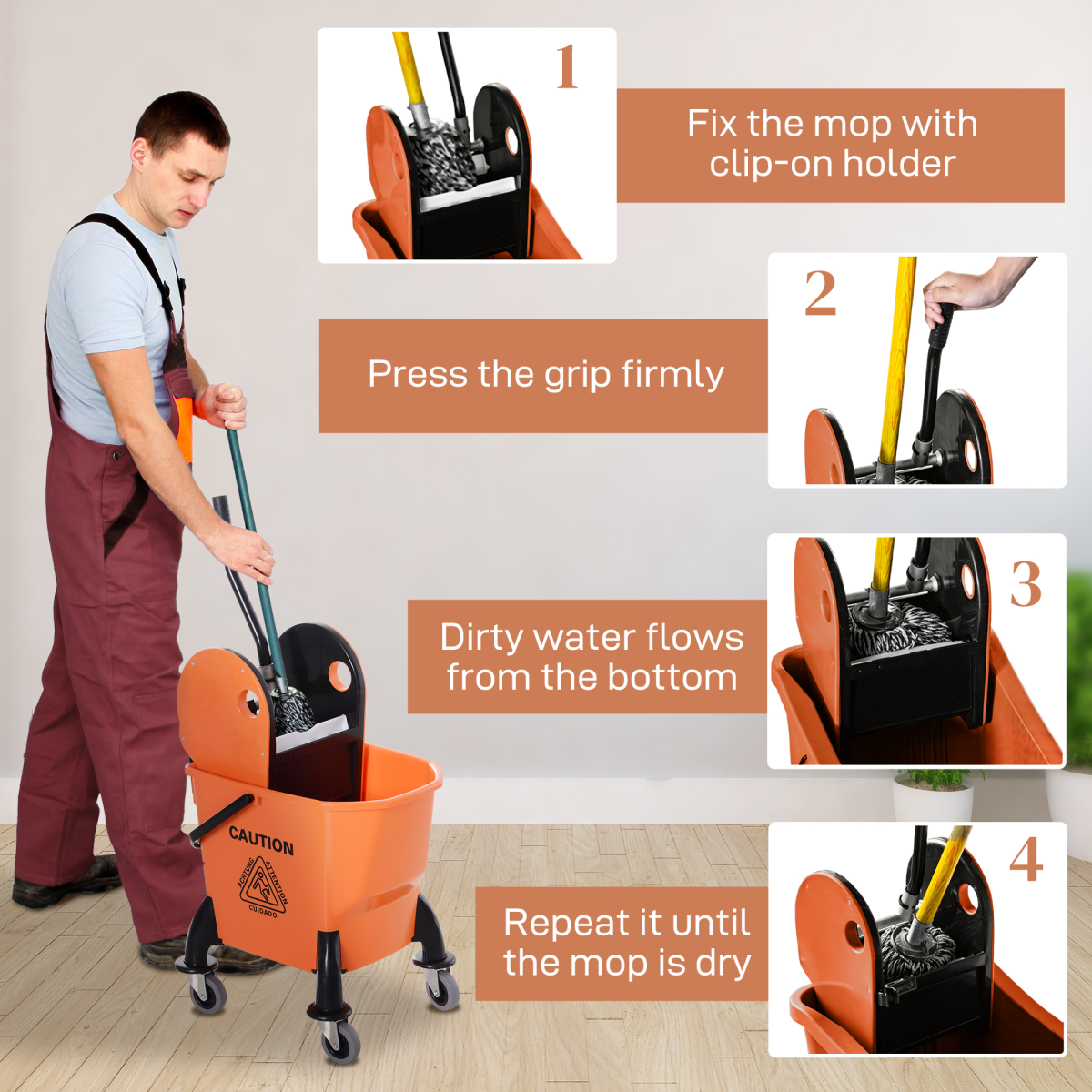 HOMCOM 26L Mop Bucket on Wheels with Handle & Mop Holder, Orange