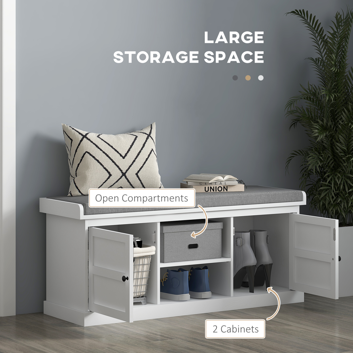 HOMCOM Shoe Storage Bench with Cushion, 2 Cabinets, White