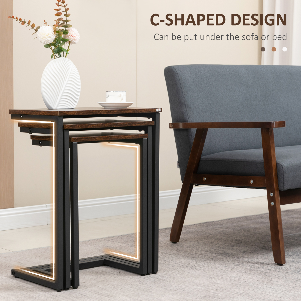 HOMCOM Set of 3 C-Shaped Nesting Tables, Steel Frame, Rustic Brown