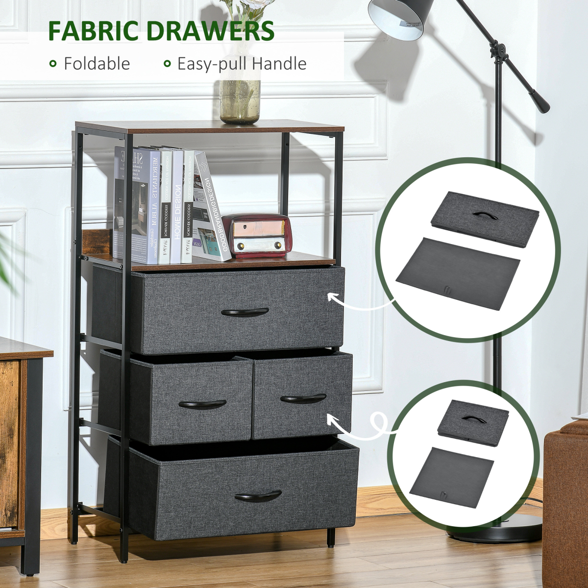4 Drawer Storage Chest with Shelves, Black Metal Frame and Fabric Drawers