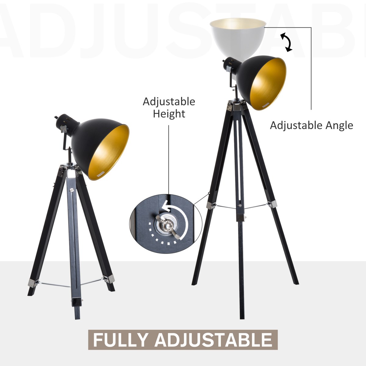 HOMCOM Retro Tripod Floor Lamp with Dome Shade, Pine Wood Legs, Adjustable Height, Black/Gold