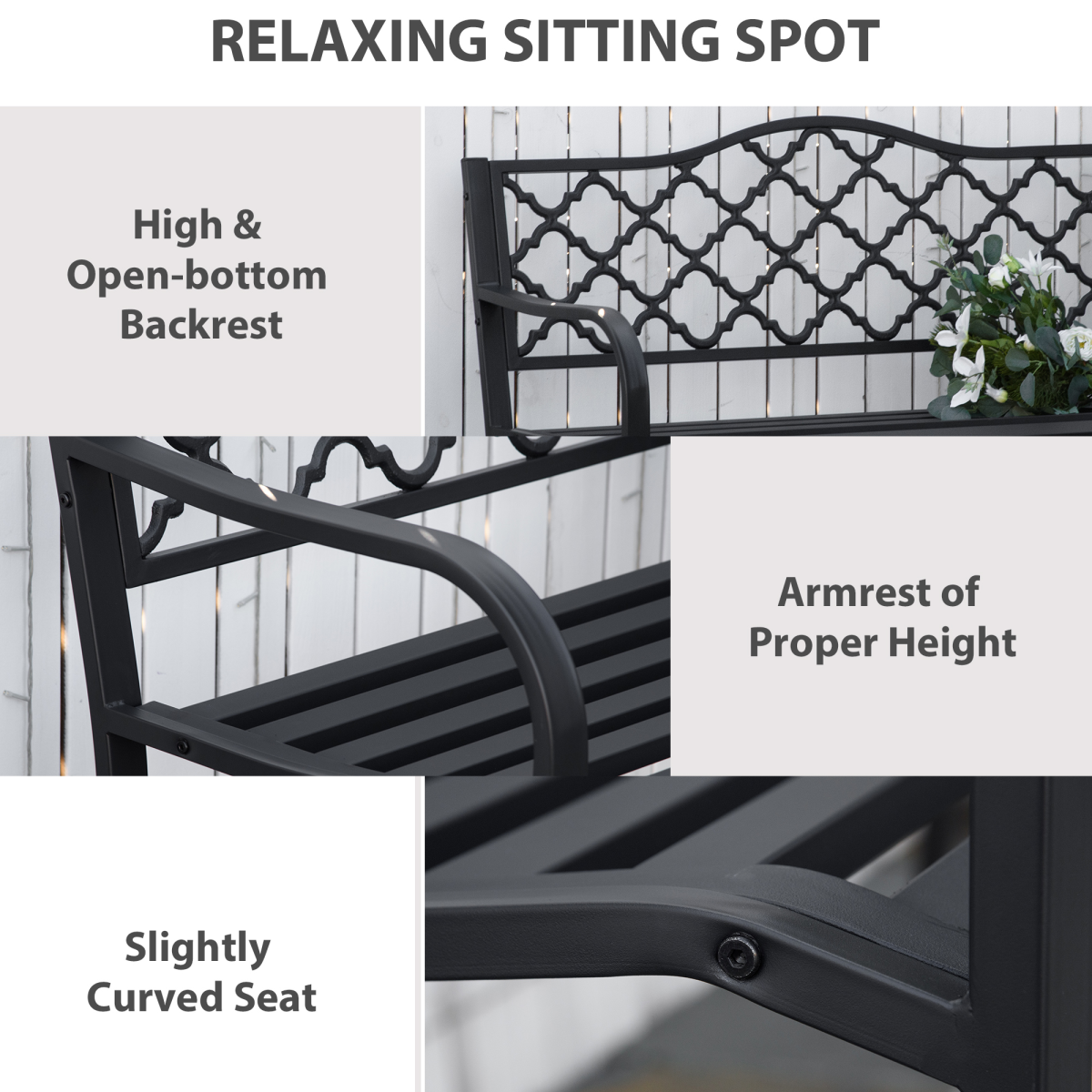 Outsunny 2-Seater Outdoor Garden Bench with Armrests, Matte Black Steel and Cast Iron, Vintage-Style Slatted Backrest