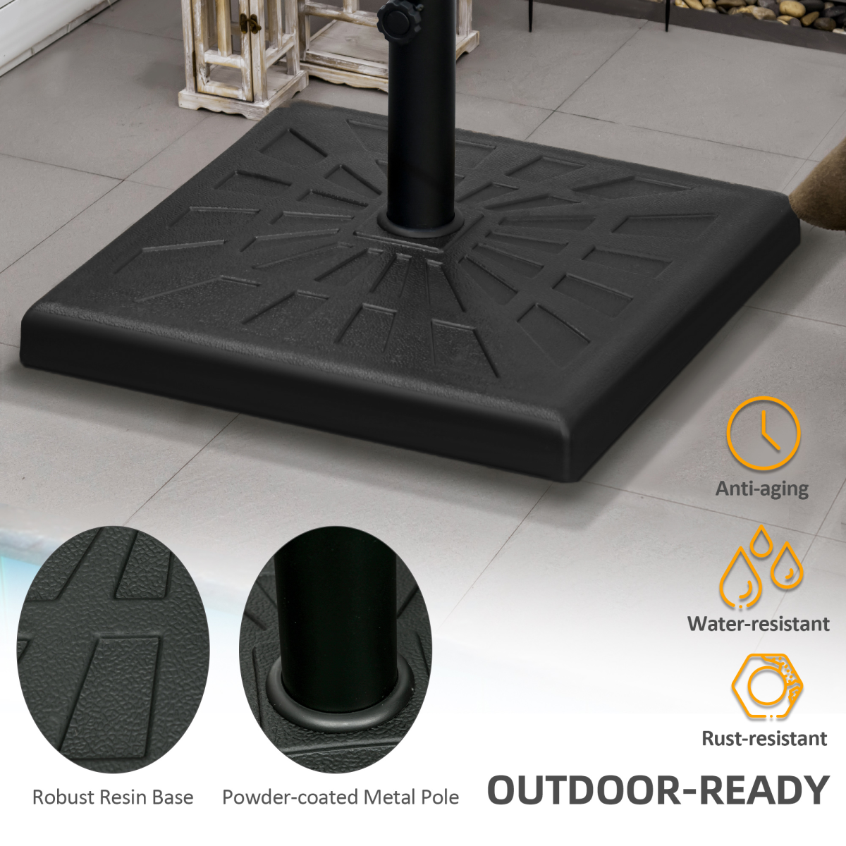 Outsunny 19kg Square Resin Garden Parasol Base for Poles of 32mm, 38mm, 48mm