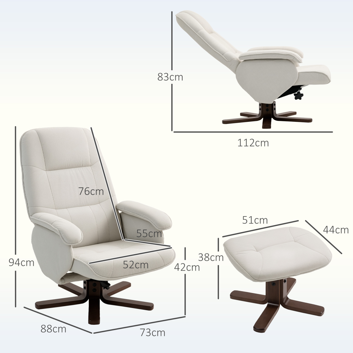 HOMCOM Beige Swivel Recliner Chair with Footstool and Wooden Base