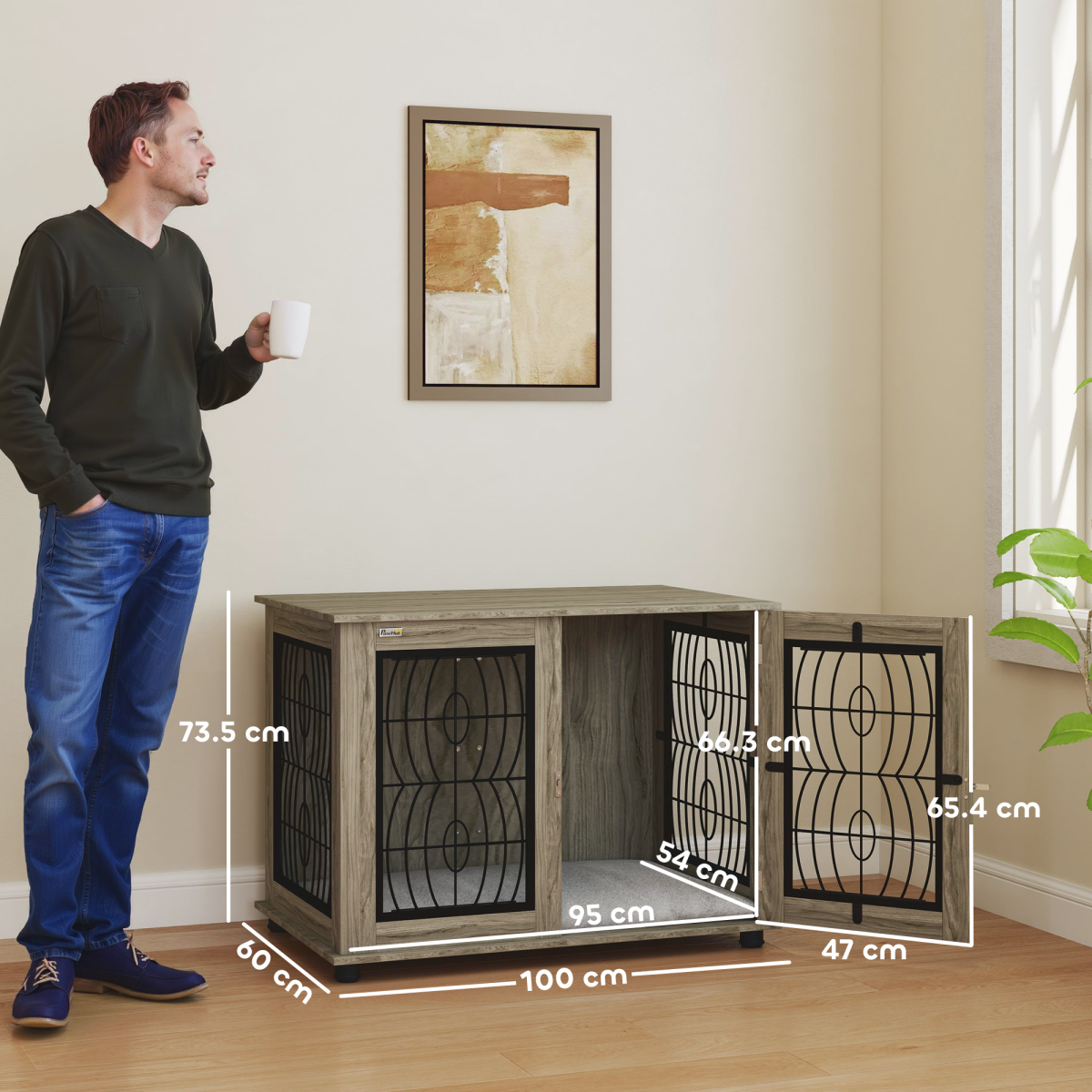 PawHut Dog Crate End Table for Large Dogs, Grey Wood-Effect Cushion
