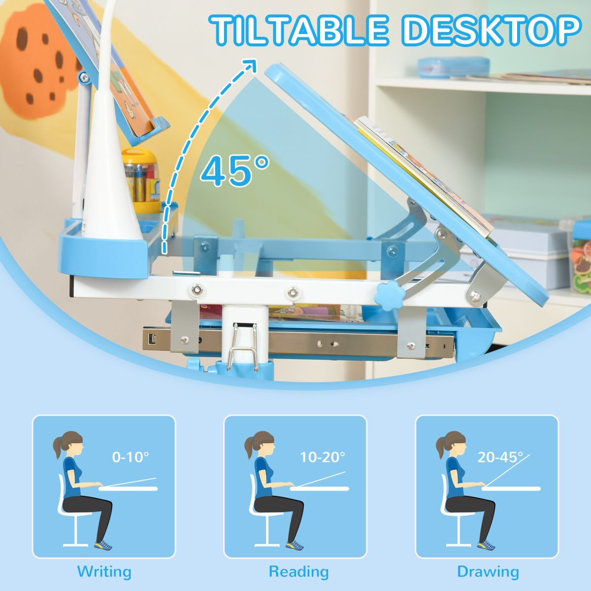 HOMCOM Kids Adjustable Study Desk and Chair Set with USB Lamp, Blue
