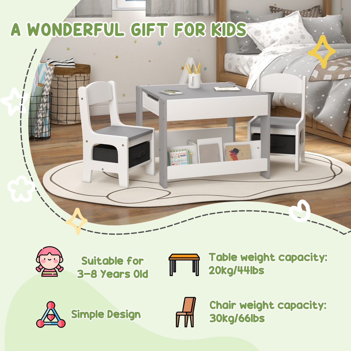 HOMCOM 3-Piece Kids Table and 2 Chairs Set with Storage, Grey