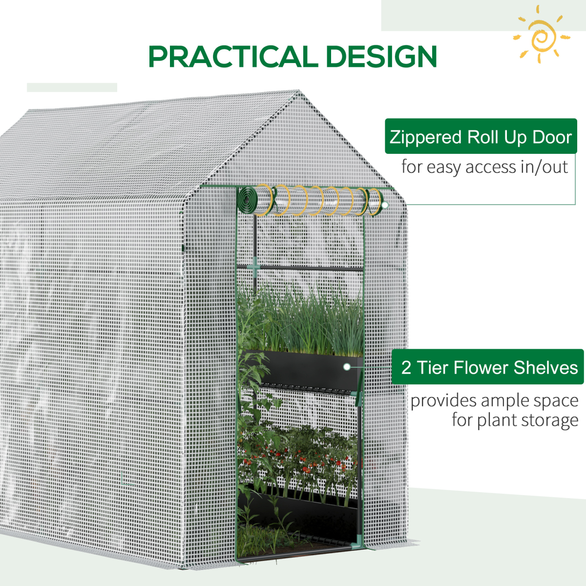 Outsunny Walk-In Garden Greenhouse with 4 Wire Shelves, Steel Frame, Roll-Up Door, 186L x 120W x 190Hcm, White