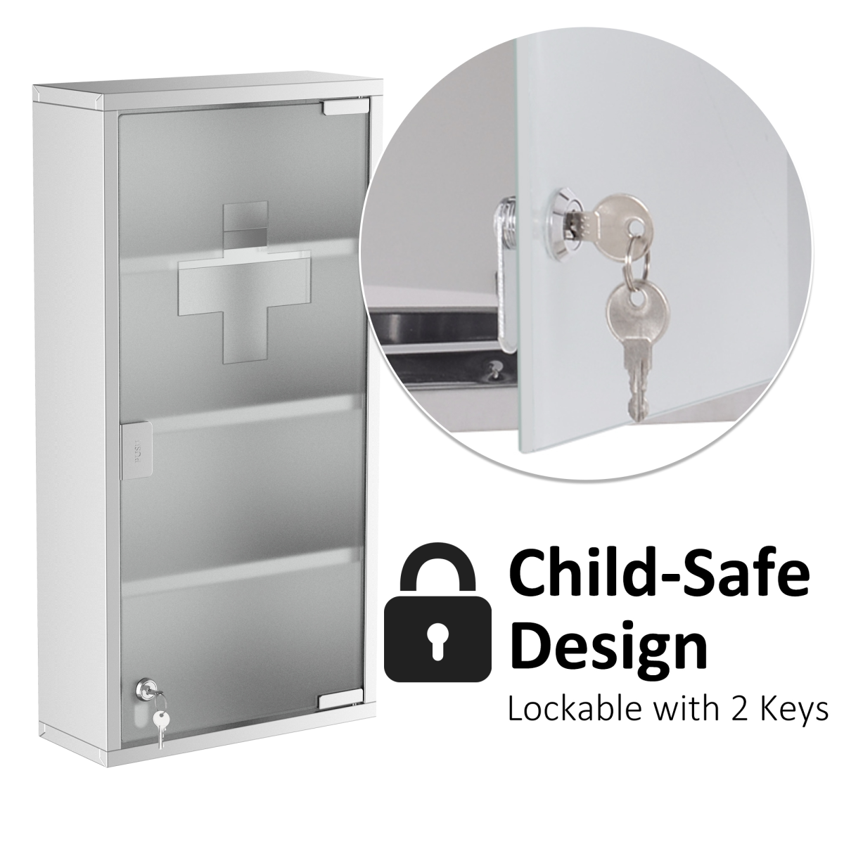 Wall Mounted First Aid Medicine Cabinet with Locking Door, 4-Tier 430 Stainless Steel, 60H x 30W x 12Dcm, Unbranded