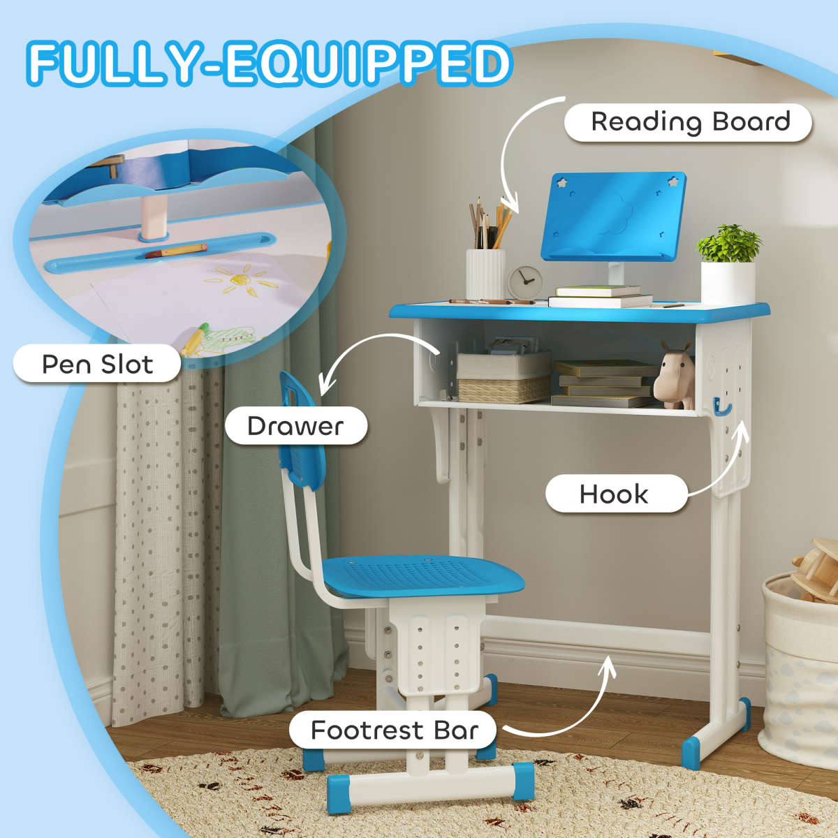 HOMCOM Adjustable Kids Desk and Chair Set with Drawer, Blue