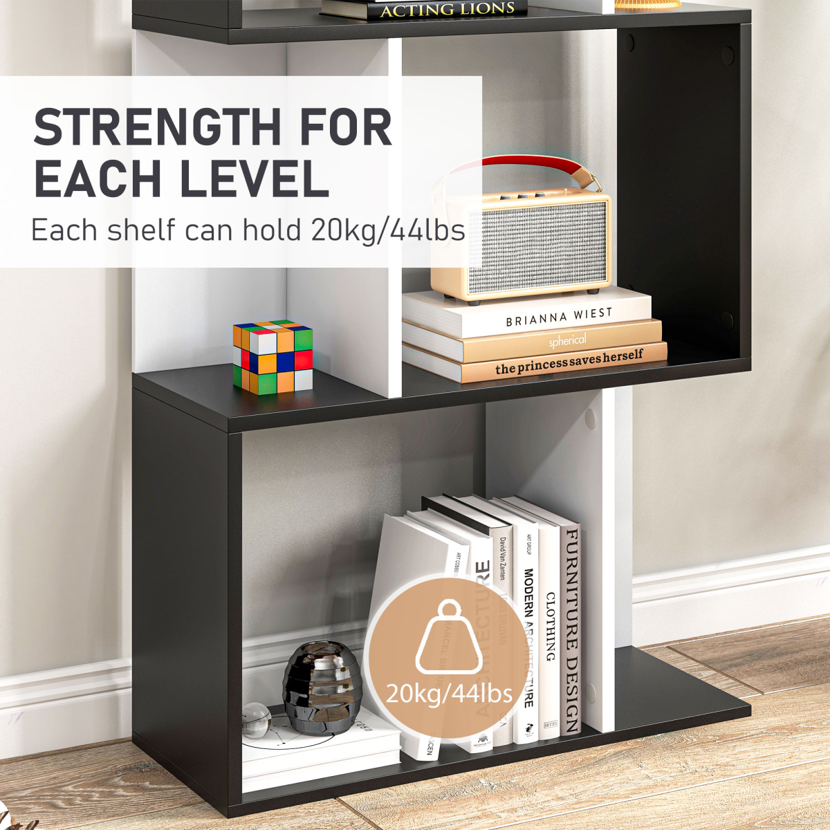 HOMCOM 5-Tier S-Shaped Bookcase Shelf Divider, Open-Back Display Storage Unit, Black