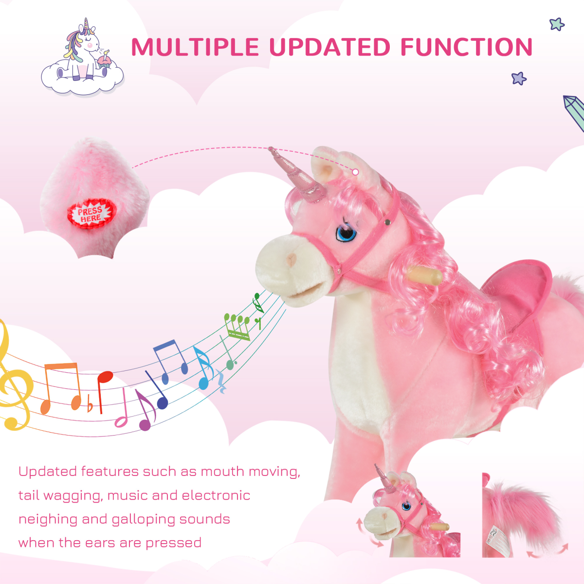 HOMCOM Kids Rocking Unicorn Ride-On Horse with Sounds, 36-72 Months