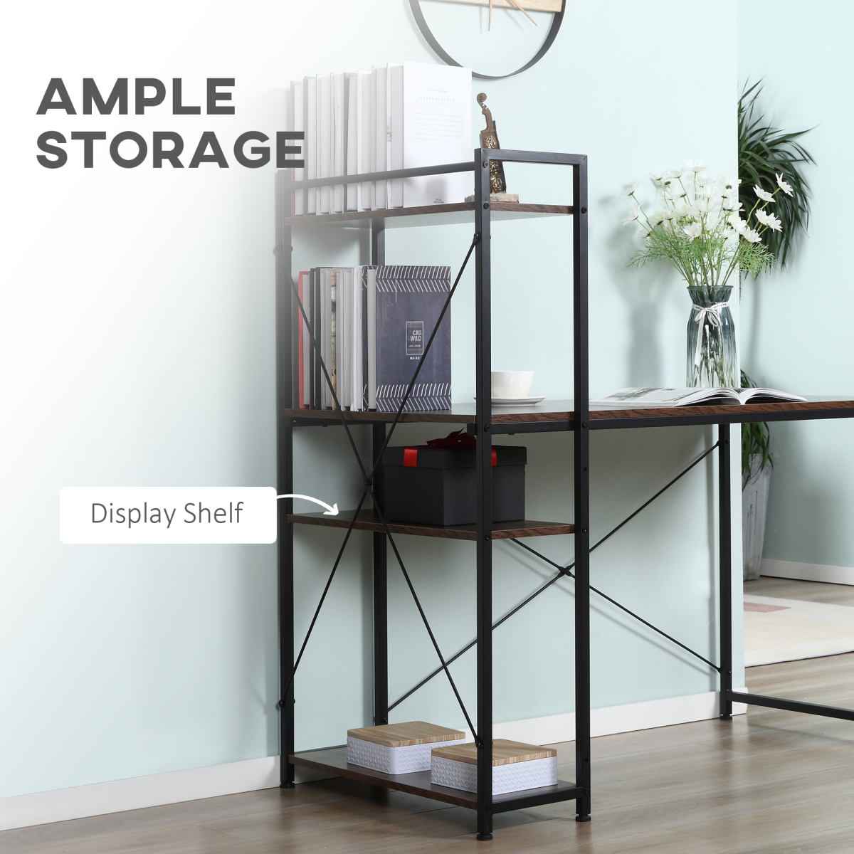 HOMCOM Computer Desk with 4-Tier Bookshelf, Home Office Study Workstation, Reversible Left or Right Shelf, Chipboard and Steel Frame