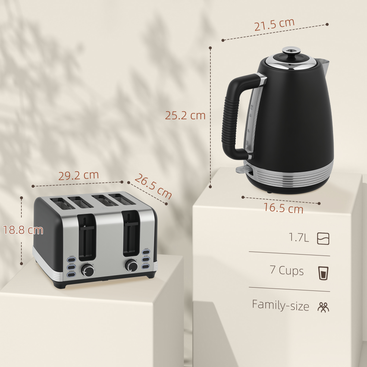 HOMCOM 1.7L 3000W Quick Boil Kettle & 4-Slice Toaster Set, Black