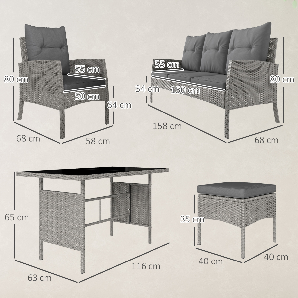 Outsunny 6-Piece Grey Rattan Garden Furniture Sofa Set with 2 Armchairs, 3-Seater Sofa, 2 Footstools and Glass-Top Coffee Table