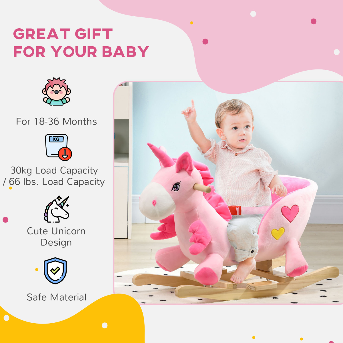 HOMCOM Plush Unicorn Ride-On Rocking Horse with Songs, Seat Belt, Pink