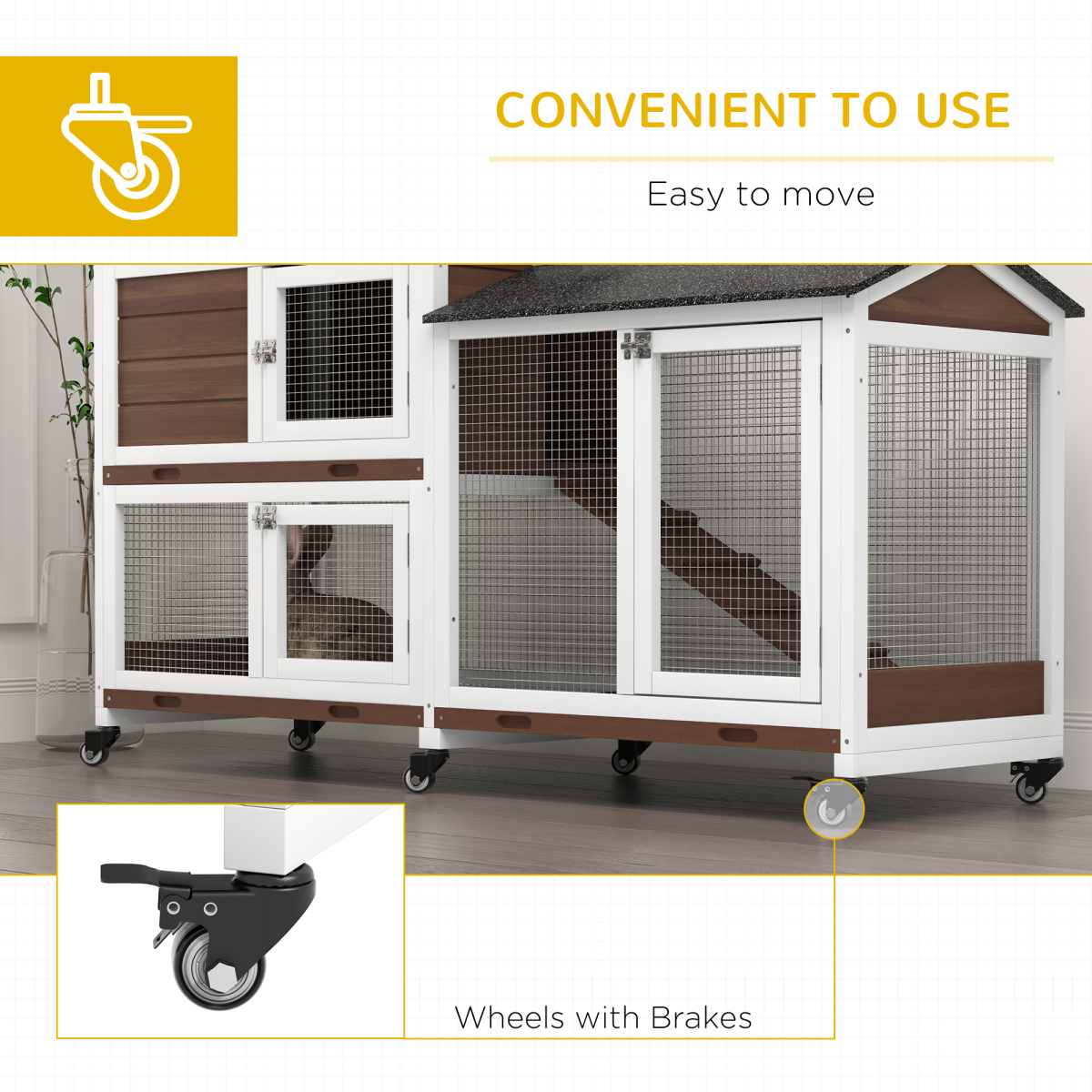PawHut Wooden Rabbit Hutch with Wheels, Run and Ramp, Brown