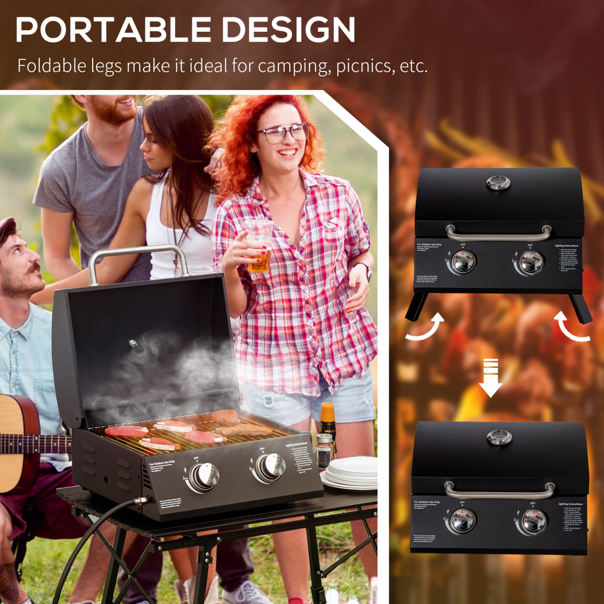Outsunny 2 Burner Gas BBQ Grill Portable Folding Tabletop Barbecue with Lid Thermometer, Regulator and Hose Included, Black