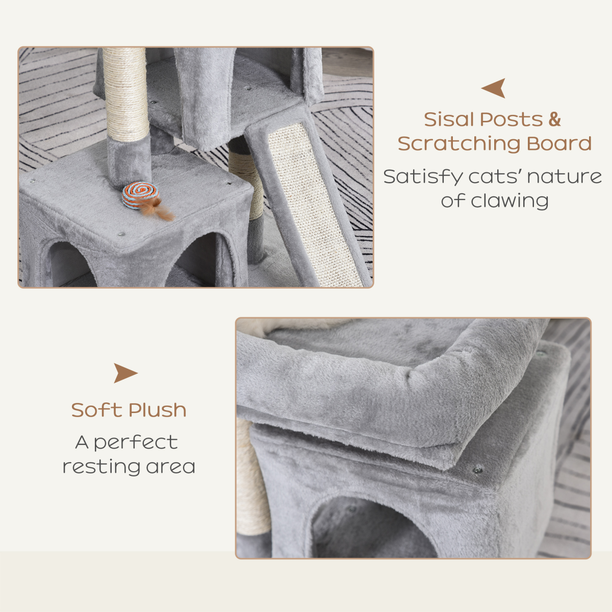 PawHut Cat Activity Tree with 2 Houses, Cushioned Top Perch, Sisal Scratching Posts, Grey