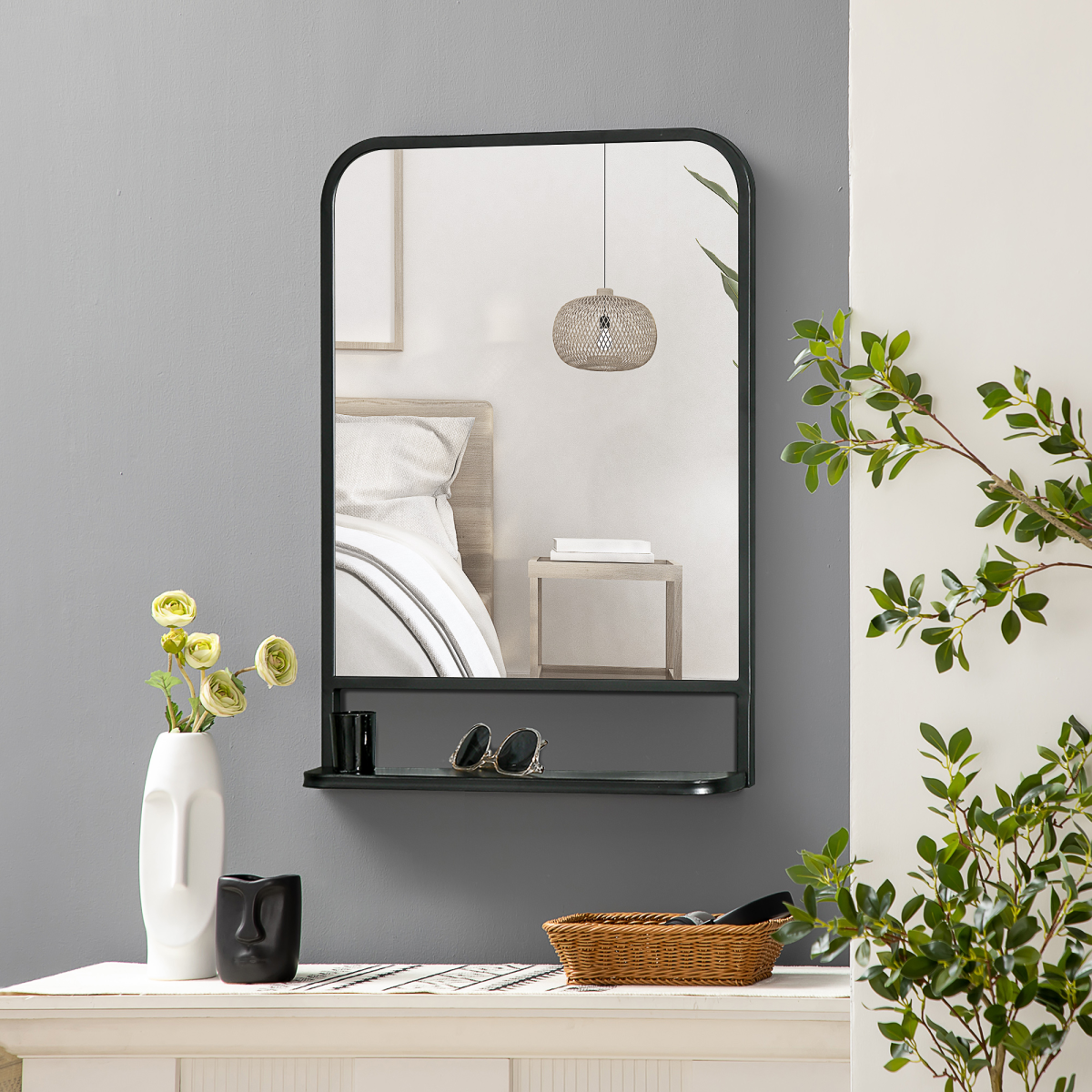 Square Wall Mirror with Shelf, 70x50 cm, Black Metal Frame